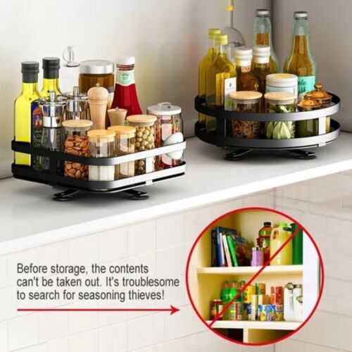 Square Rotating Kitchen Storage Spice Organiser Rack Pantry Bathroom Black 2 Tiers