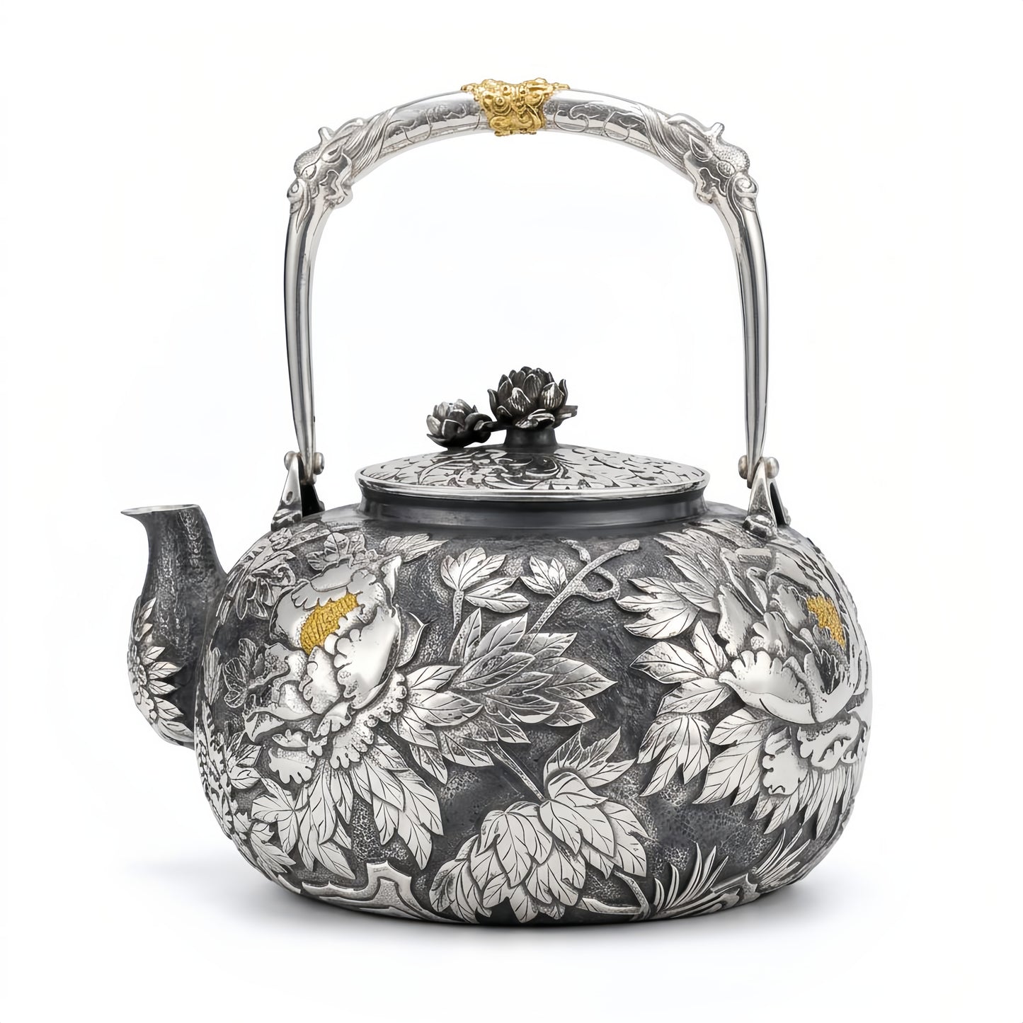 Pure 999 Fine Silver Elegant Hand-Carved Silver Tea Kettle Featuring Intricate Peony Blossoms and Ornate Arched Handle - Handicraft