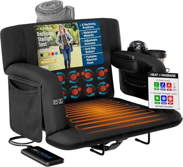 Alpcour Premium Heated Massage Reclining Stadium Seat For Bleachers With Back Support