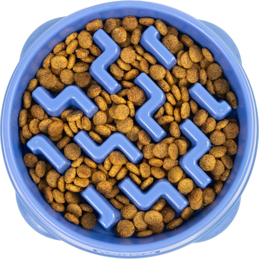 Feeder Slo Bowl  Medium 2Cup Capacity, Slow Feeding, Small To Medium Dogs  Cats, Non Slip, Blue, Notch Pattern
