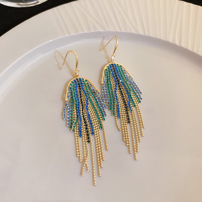 Silver Post Zircon Dangle Earrings For Women Korean Style Premium Elegant Retro Fringe