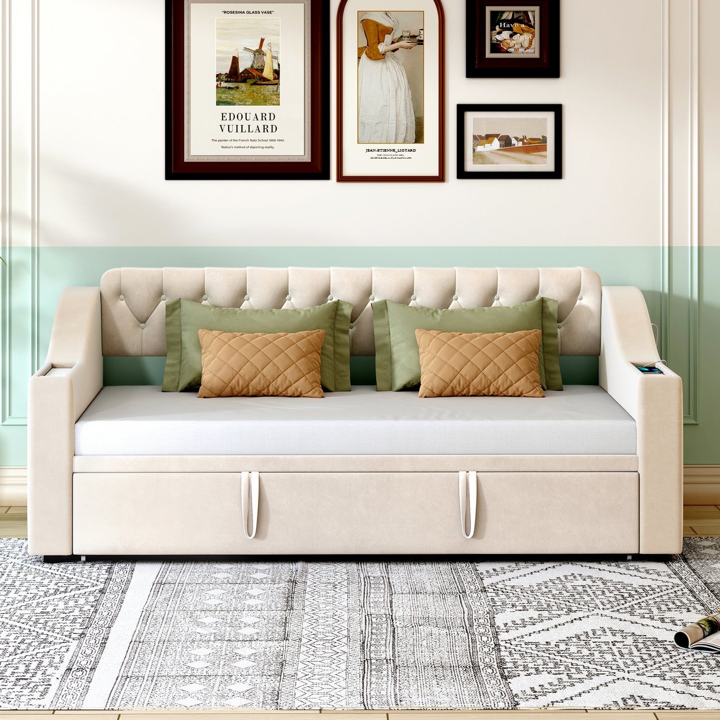 Upholstered Bed Sofa Bed, 90 180x190 Cm, Wider And Thicker Armrests With USB Charging Port, Integrated Shelf In The Armrests, With Storage Pockets, With Slatted Base, Velvet Fabric, Beige