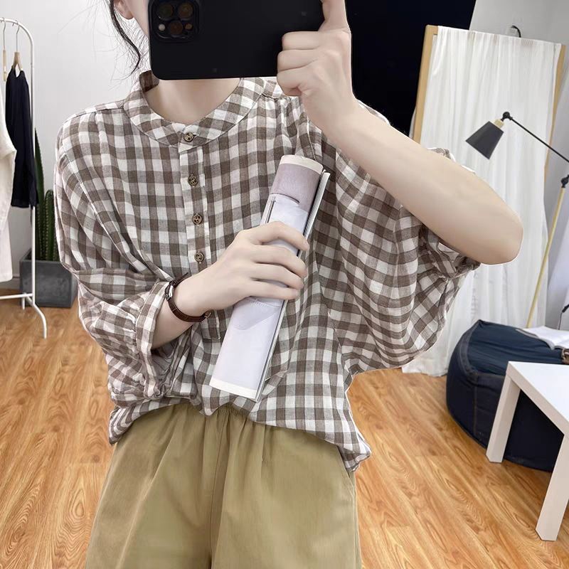 Summer Japanese-Korean Style New Thin Blue-and-white Small-check Shirt