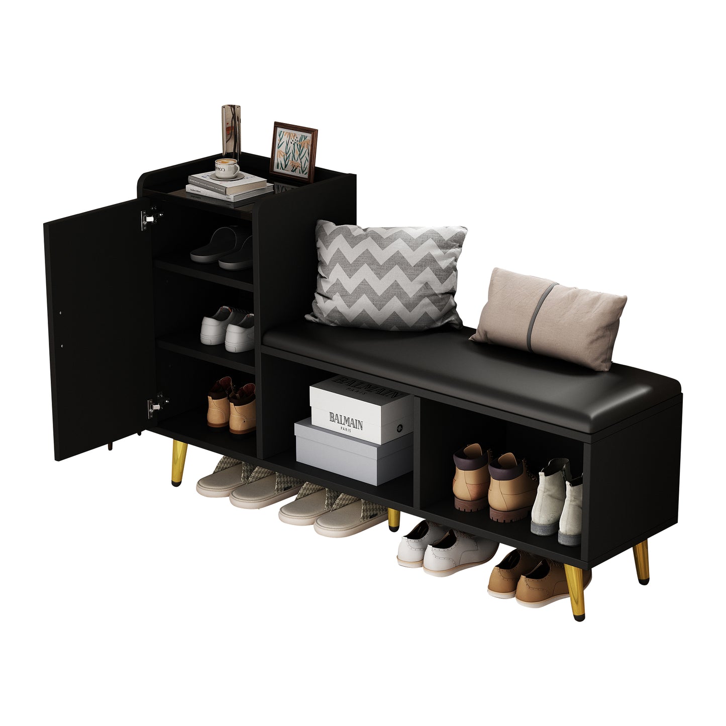 N625P235824B  Black High-gloss Cabinet Door With Storage Entrance Shoe Cabinet, Multi-level Shelf With Upholstered Seat, Shoe Changing Bench With Cabinet Gold Accessories For Entrance, Hallway, Bedr