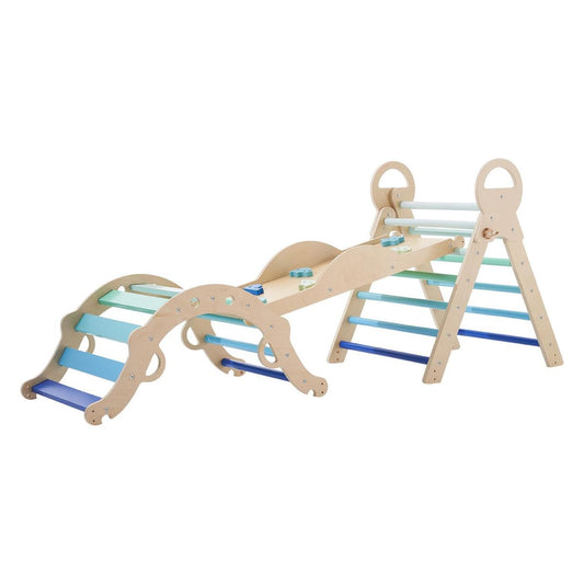Pikler Triangle Set, 9-in-1 Toddler Climbing Toys Indoor, With 2 Wooden Cars, Cushion, Triangle, Arch, And Ramp, 150 Lbs Load, Foldable Montessori Climbing Set For Toddlers And Kids, Blue