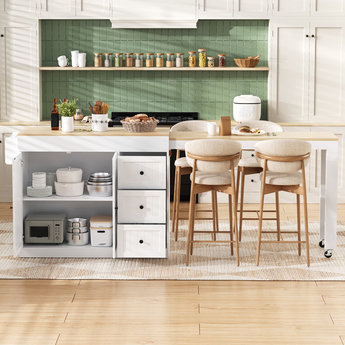 Kitchen Island On Wheels, Extendable Dining Area Kitchen Island With Spice Rack And Drawers, Mobile Kitchen Island Freestanding, Ideal For Kitchen And Dining Room  White