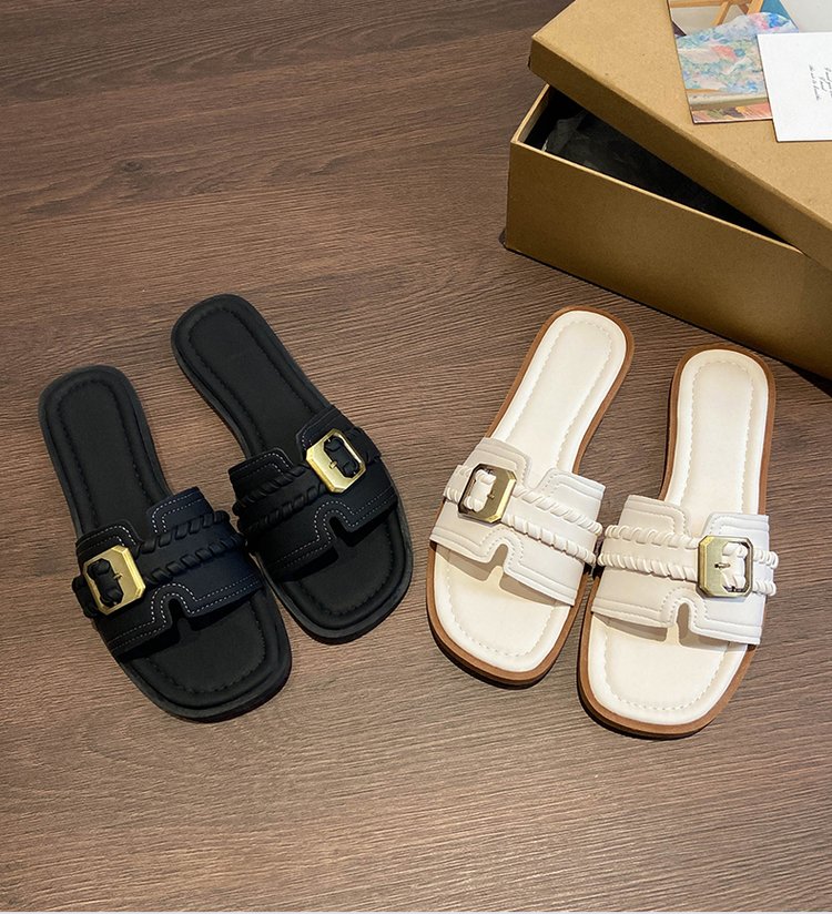 Square Woven Flat Bottomed One-piece Slippers For Women's Summer Outdoor Wear, Beach Vacation Beach Shoes, Retro Style Versatile Slippers