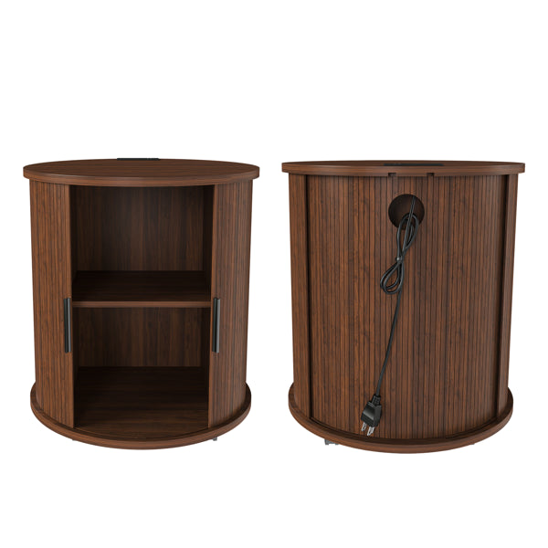 Set Of 2 Mid Century Modern Cylinder End Tables With Built-in Charging Station & Sliding Door, 2-Tier Storage Round Nightstands With USB Ports, Walnut Bedside Tables For Living Room, Bedroom, Entryway