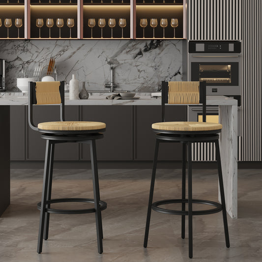 Honey Swivel Bar Stools Paper Rope Handwoven Barstools With Back Set Of 2 Rustic Round Counter Chairs For Dining Room, Kitchen Island  Honey