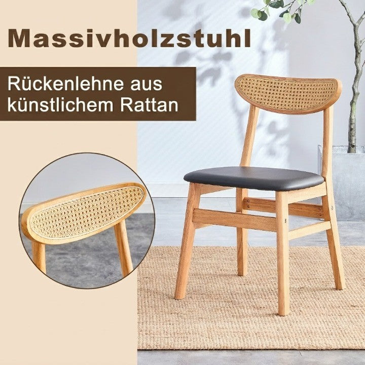 2-piece Set, Dining Chair With Solid Wood Backrest In Rattan, Individual Piece, Ergonomic Kitchen Chair With Cushioned Seat,Scandinavian Style