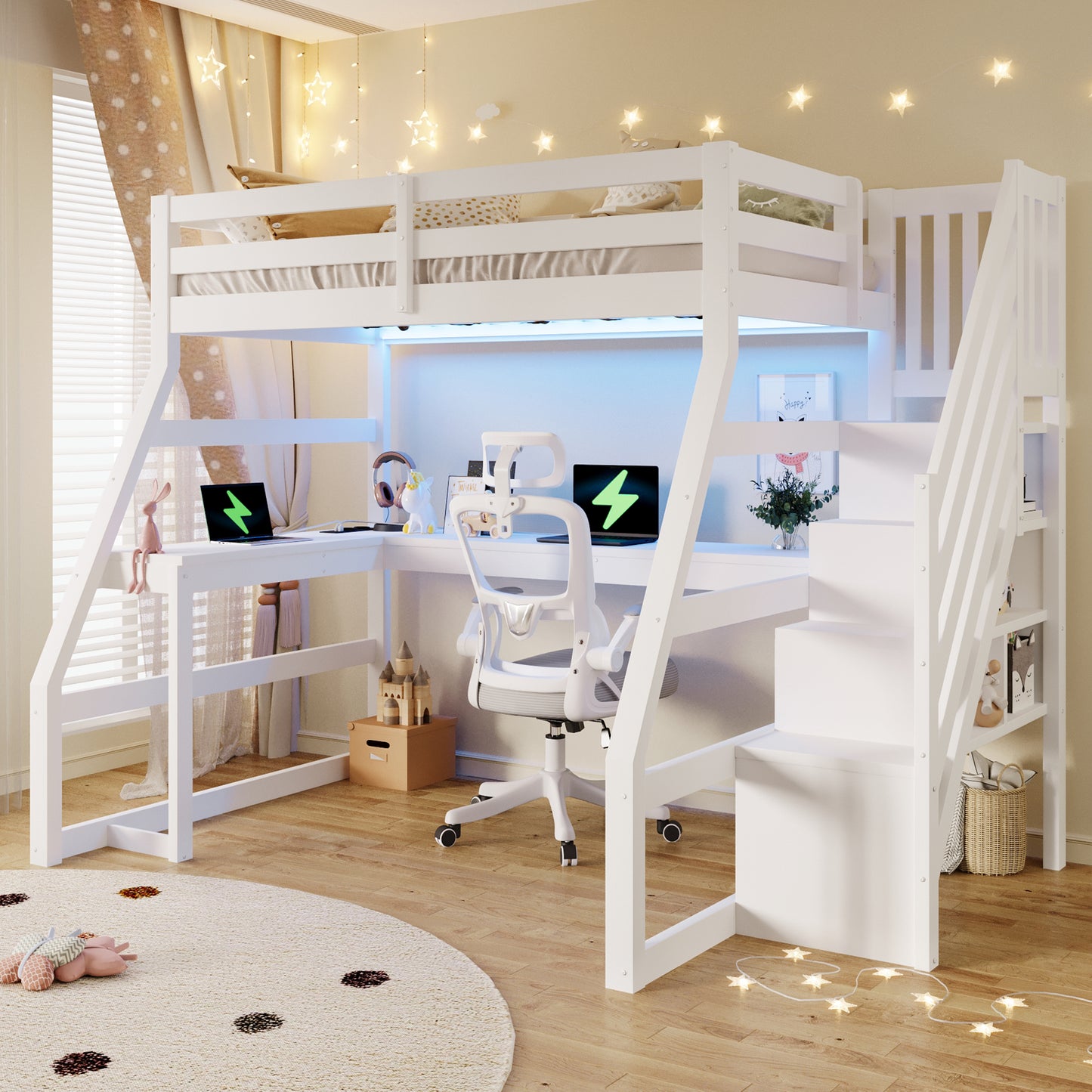 90x200 Wooden Loft Bed With Desk, LED Lighting, USB Port And Staircase With Storage, White