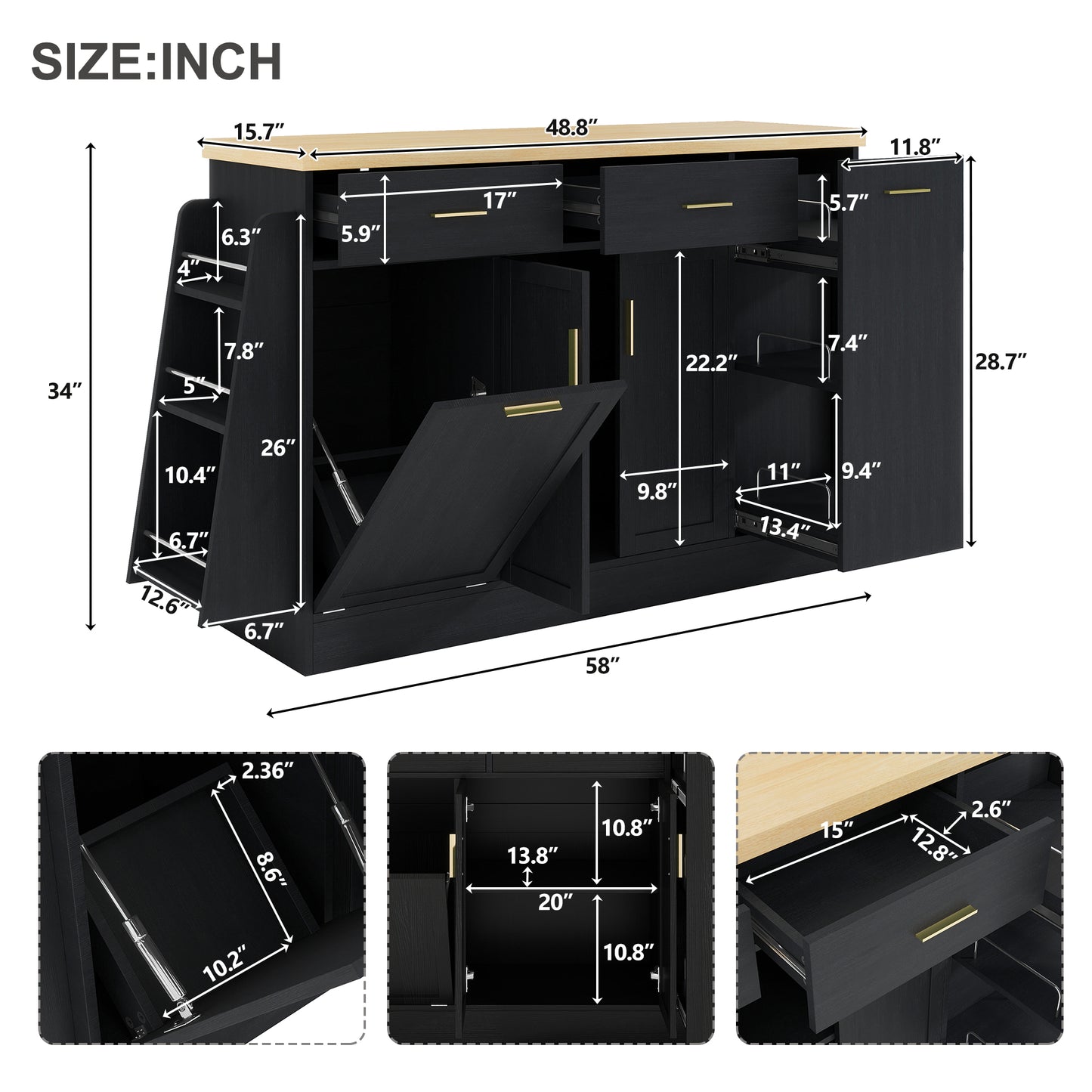 TREXM Multi-Functional Storage Sideboard  Trash Can Storage  Sliding Door Cabinet & 3-Tier Spice Rack Kitchen Island Table For Kitchen  Dining Room  Black
