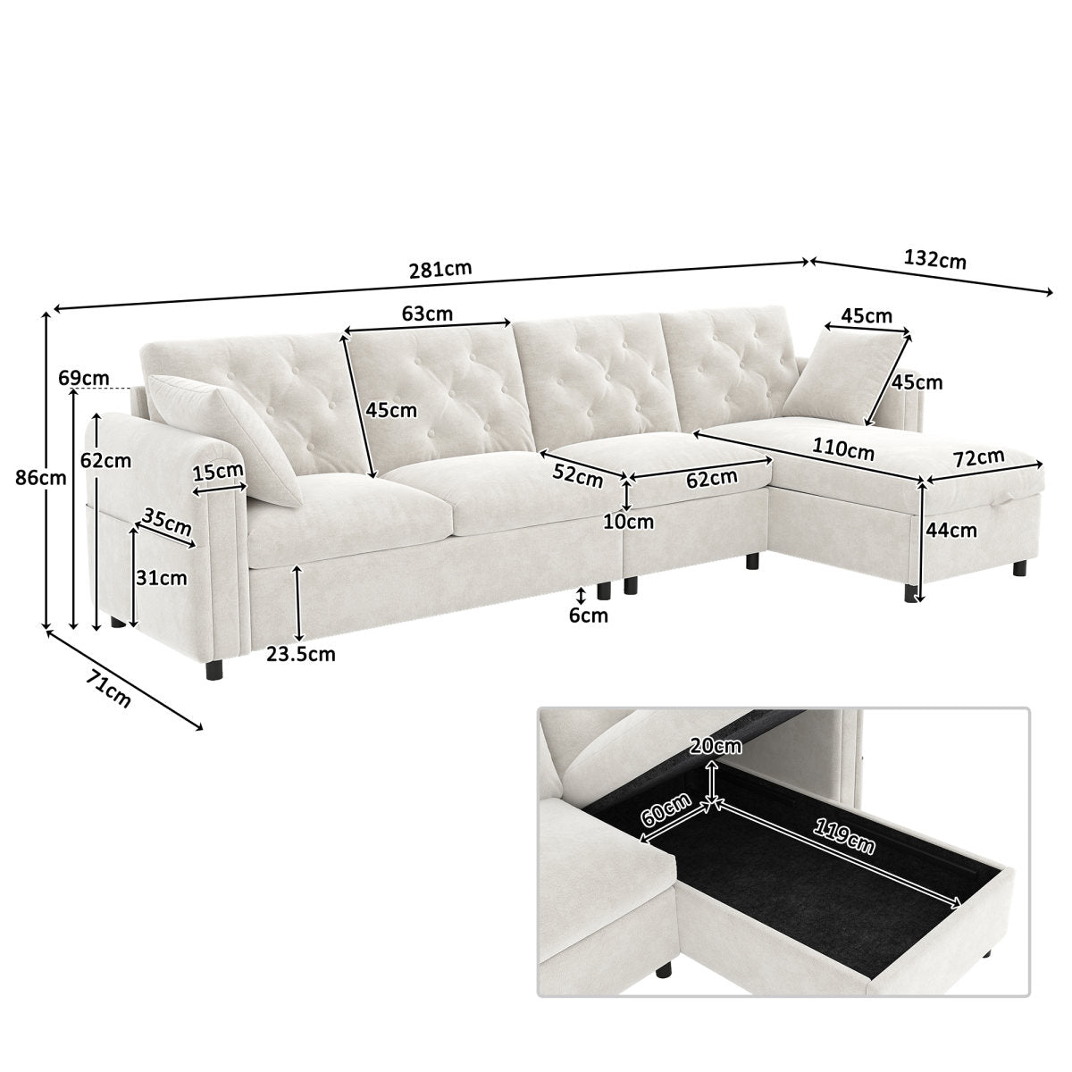 Modern Velvet L-Shaped Sectional Sofa With Storage Chaise, Reversible Corner Storage  Left Or Right Adjustable, Button-Tufted Backrest, Side Armrests With Magazine Pockets, Beige, 281 X 86 X 71 Cm