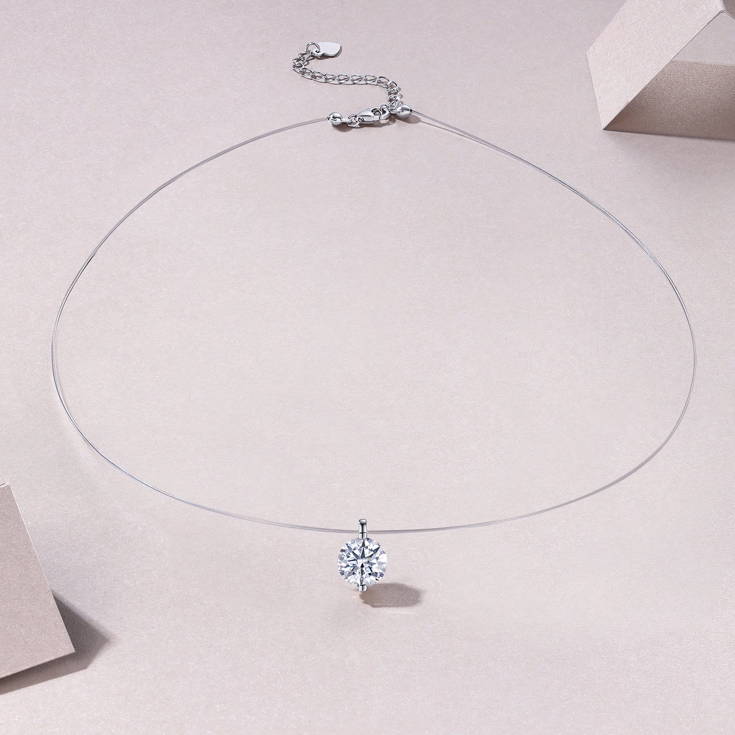 S925 Sterling Silver Invisible Necklace, 1&2&3ct D-VVS1 Moissanite Solitaire Pendant, Platinum Plated 40&46cm Chain, GRA Certified Gift Box