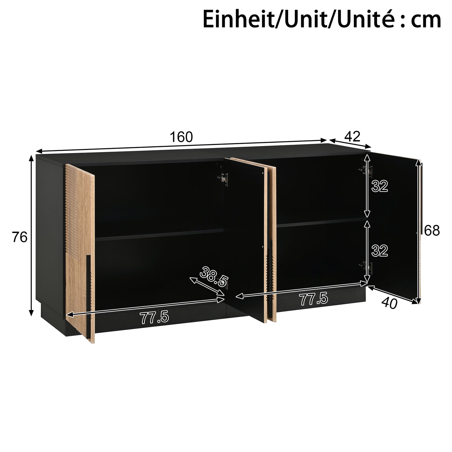 Sideboard, Living Room Cabinet, 4 Doors, Relief Front, Metal Handles, PB MDF Body, Dining Room Cabinet, Hallway Cabinet