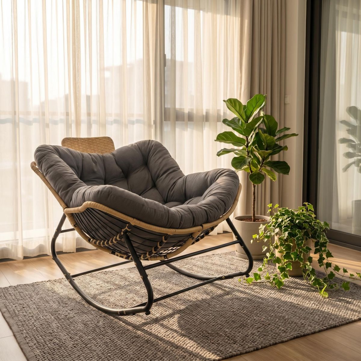 39.37"Papasan Rocking Chair Outdoor, Oversized Patio Egg Chair with Thick Cushion And Handwoven Rattan Head Pillow,Indoor Wicker Lounge Rocker Bed for Balcony, Porch, Garden, Dark Grey