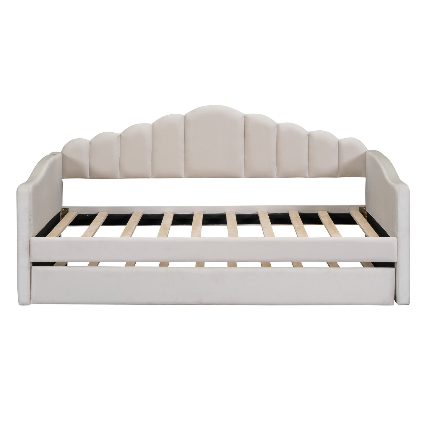 Twin Size Upholstered Daybed With Trundle ,Velvet Sofabed With USB Charging Ports,No Box-spring Needed,Beige