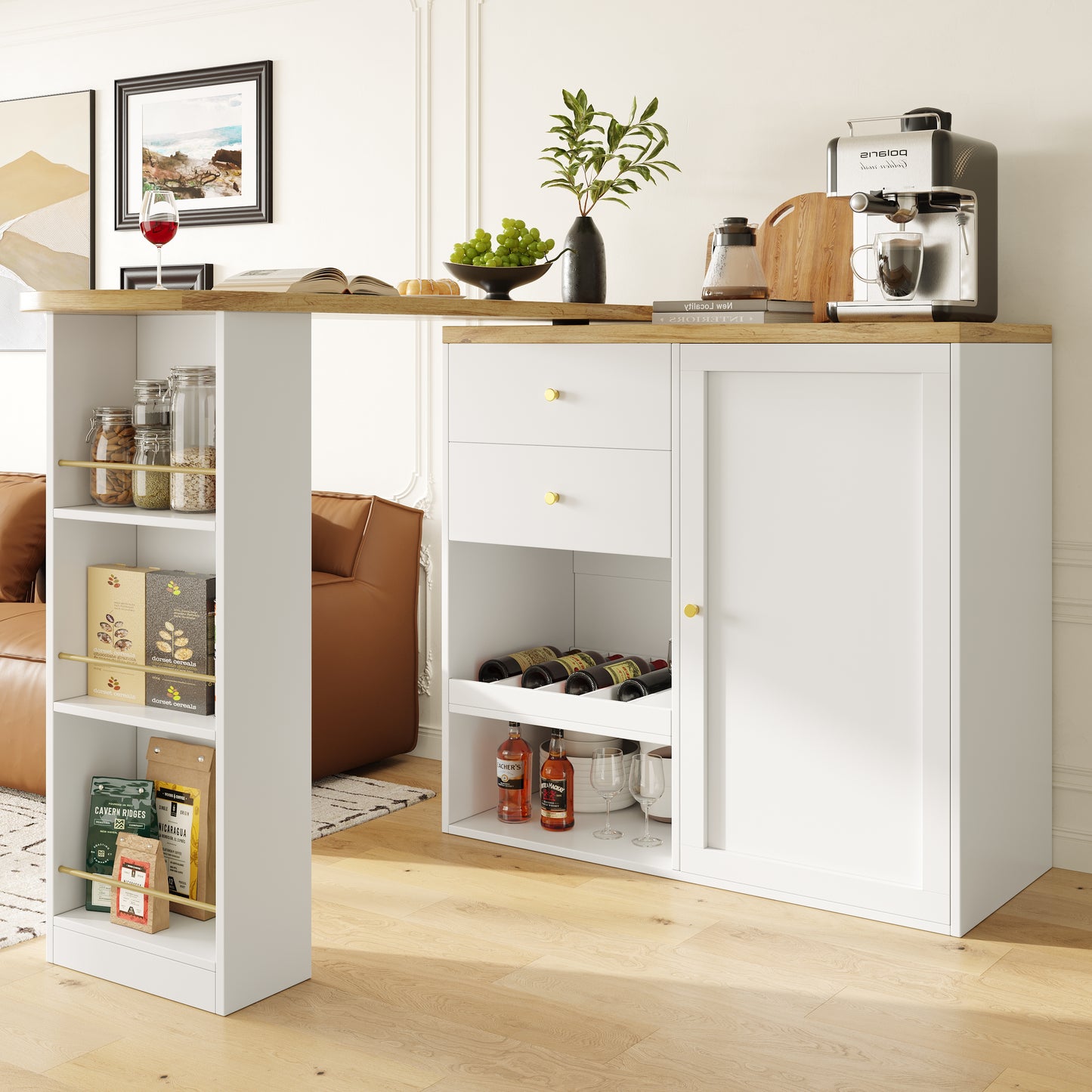 Swivel Bar Table  Main Body 105 X 39 X 102 Cm , With 2 Drawers And Sliding Door Cabinet, 3 Levels Of Open Storage, Suitable For Dining Room Study Living Room, Etc