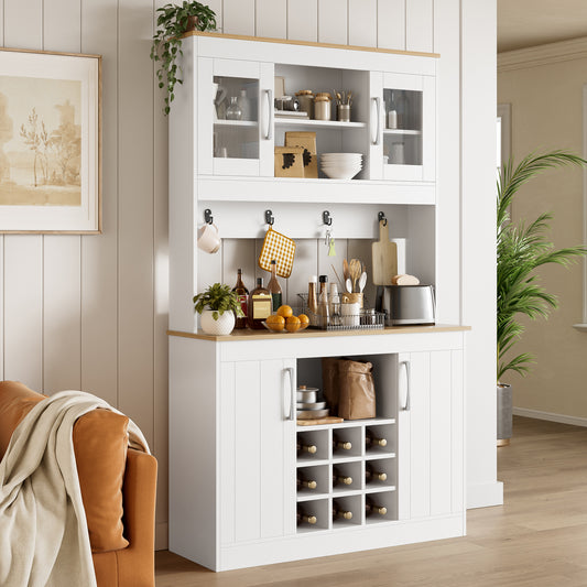 Kitchen Buffet Cabinet With Attachment 175 Cm, Kitchen Cabinet With Glass Doors, Wine Rack And Hook Rack, Large Dish Cabinet Pantry Cabinet Kitchen Cabinet For Kitchen Dining Room Living Room