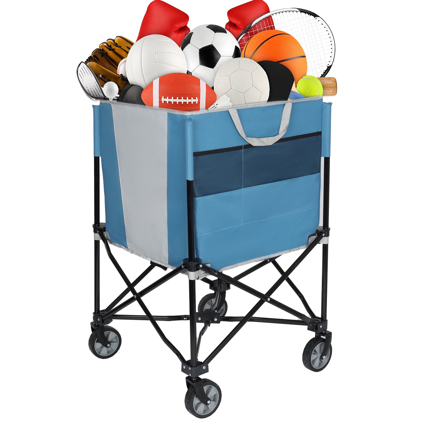 Rolling Ball Storage Cart With Wheels, Collapsible Garage Sports Equipment Organizer For Volleyball Basketball Tennis Toy Storage Multi-Sport Family Gym, Blue Gray