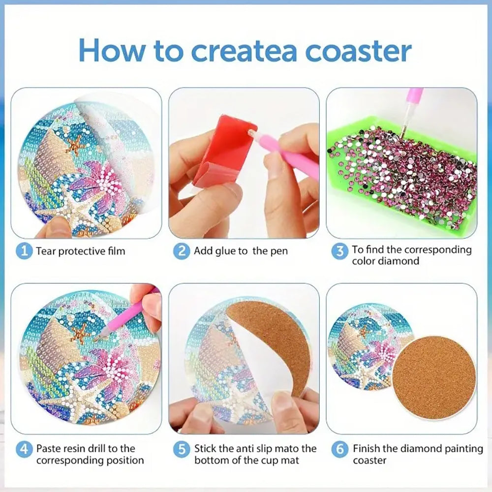DIY Coasters With Diamond Painted Seaside Patterns And Supports, Suitable For Adult Beginners To Use Diamond Painting Sets, Handmade Diamond Art Materials, And Exquisite Gifts For Friends