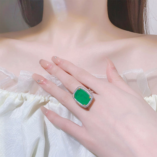 Vintage Luxury Wide Band Ring For Women, Rectangle Cut Emerald Tone Simulated Zirconia Double Full Pave Rhinestone Two Tone Inlaid Finger Jewelry Elegant Party Daily Accessories