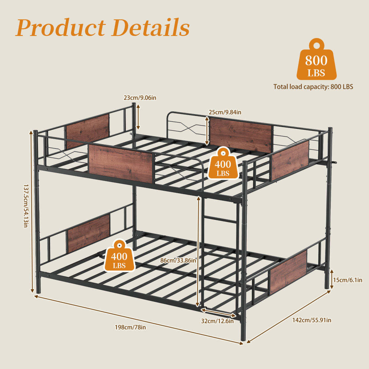 Full Over Full Bunk Bed Detachable Metal Bunk Bed Frame With Higher Guardrail Ladder Under Bed Storage No Box Spring Needed For Dormitory Kids' Room
