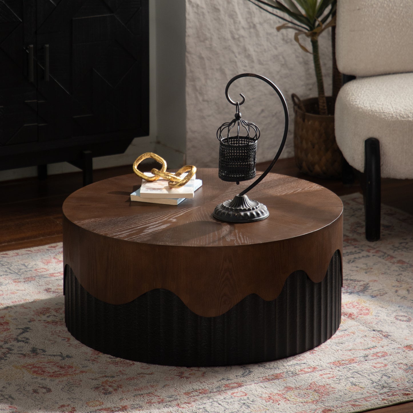 30.31  Round Coffee Table Handcrafted Relief Sturdy Pedestal Wooden Tea Table For Living Room No Need To Assemble