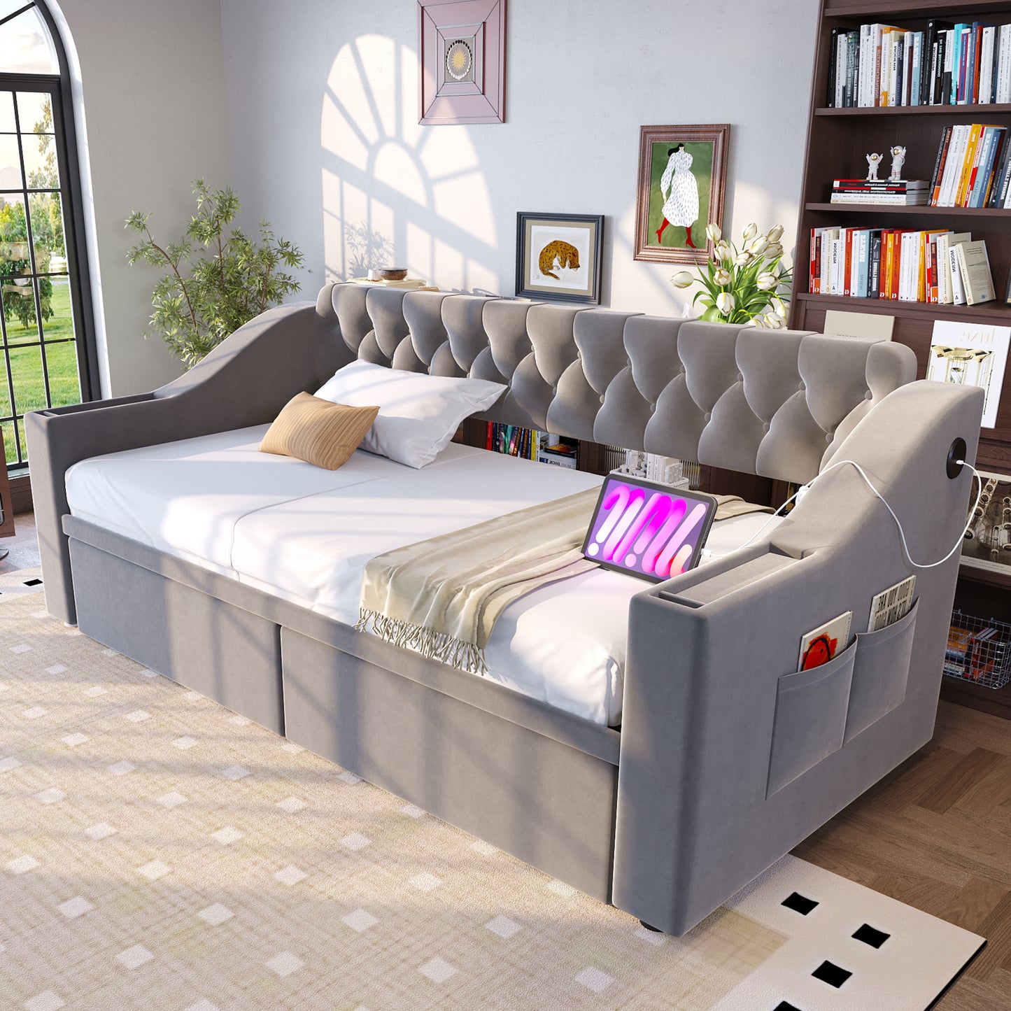 Upholstered Bed Sofa Bed 90x190 Cm, Wider And Thicker Armrests With USB Charging Port, Integrated Shelf In The Armrests, With Storage Pockets, With Storage Drawer, Velvet Fabric, Light Grey