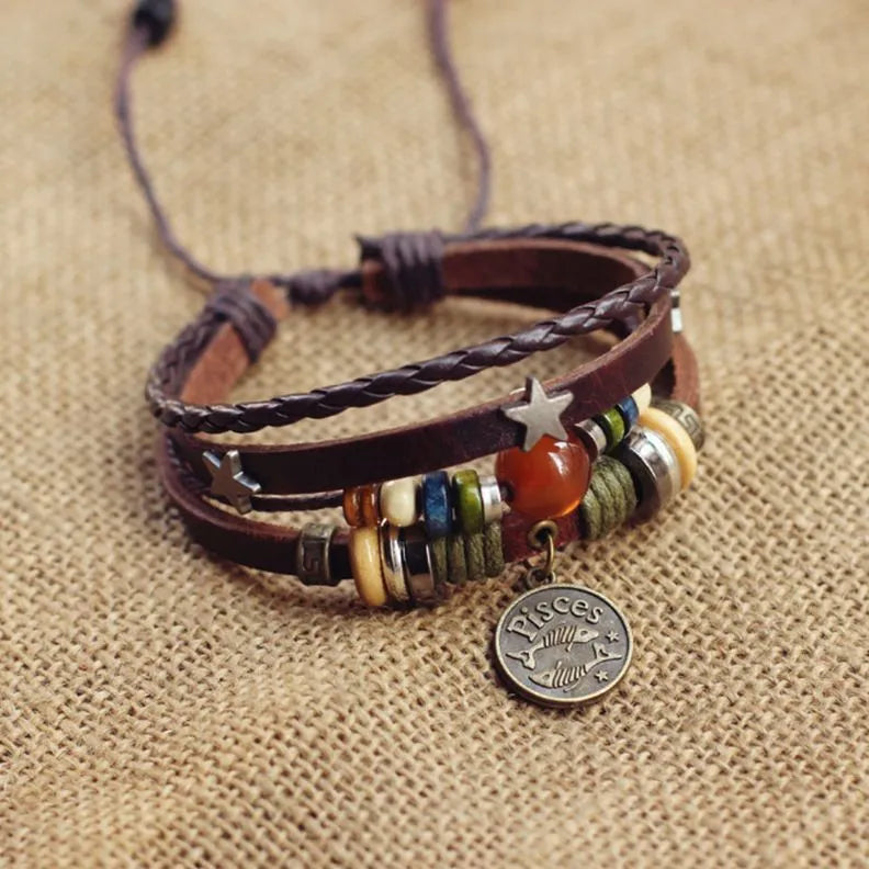 1pcs Multi-Layer Braided Leather Wooden Bead Star Zodiac Charm Adjustable Bracelet, Retro Boho Ethnic Style, For Men Women Daily Campus Travel & Constellation Holiday Gifts