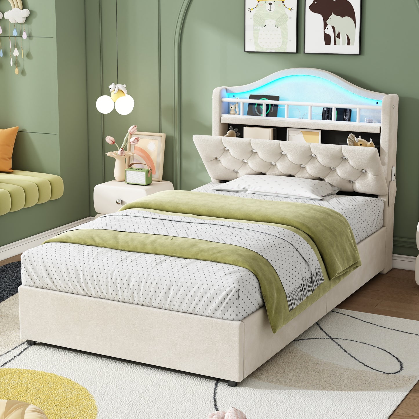 3ft Single Hydraulic Bed In Velvet, LED Bed Frame With Charging Station & Diamond Tufted Headboard, Multi-zone Storage, Solid & Stable Base,Beige  No Mattress