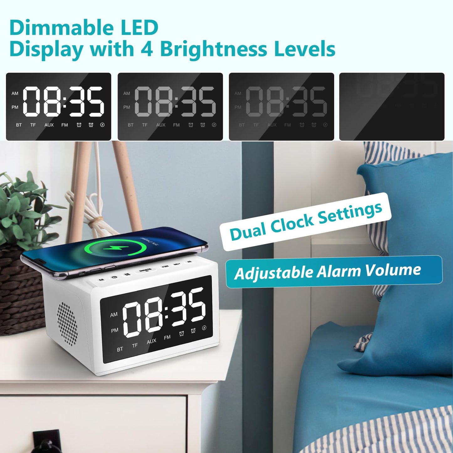 Alarm Clocks Bedside, Digital Alarm Clock Radio With Bluetooth Speaker, USB Charging Port, FM Radio, Universal Wireless Qi Charging, Dimmable LED Display, Dual Wireless Speaker For Home, Work