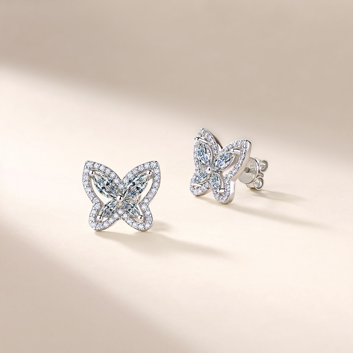 S925 Sterling Silver Butterfly Stud Earrings, D-VVS1 Moissanite Marquise Cut, Platinum Plated 3.3g Women's Jewelry Gift Box