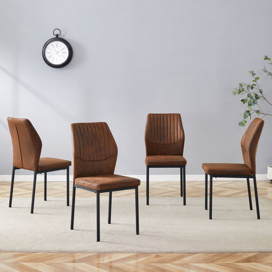 Set Of 4 Dining Chairs In A Light Luxury Style Brown Backrest In Tech Fabric With Vertical Embossing  Black Metal Legs. Suitable For Dining Room Or Living Room In A Modern Light Luxury Design.