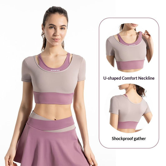 Color-matching No-wear Bra Quick-drying Fake Two-piece Short-sleeved Yoga Suit Women's High-waist Hiding Hip Anti-glare Fitness Culottes Suit