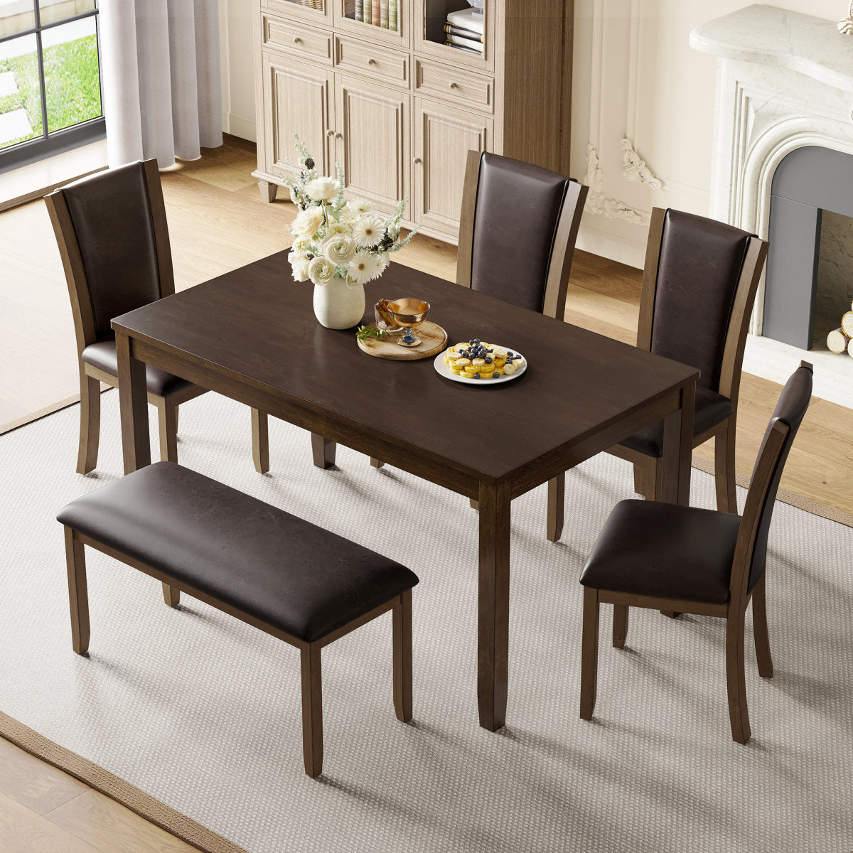 6-Piece Dining Table Set with Bench and Chairs, Wooden dining table set for 6 people, Farmhouse Rustic Style 6 Person Dining Table Set for Dining Room, Kitchen, Dark Walnut