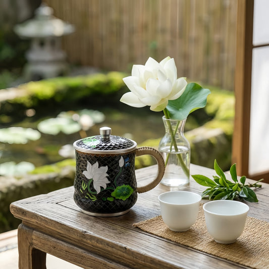 925 Sterling Silver Handcrafted Cloisonne Enamel Tea Mug with White Lotus Design and Woven Handle - Handicraft