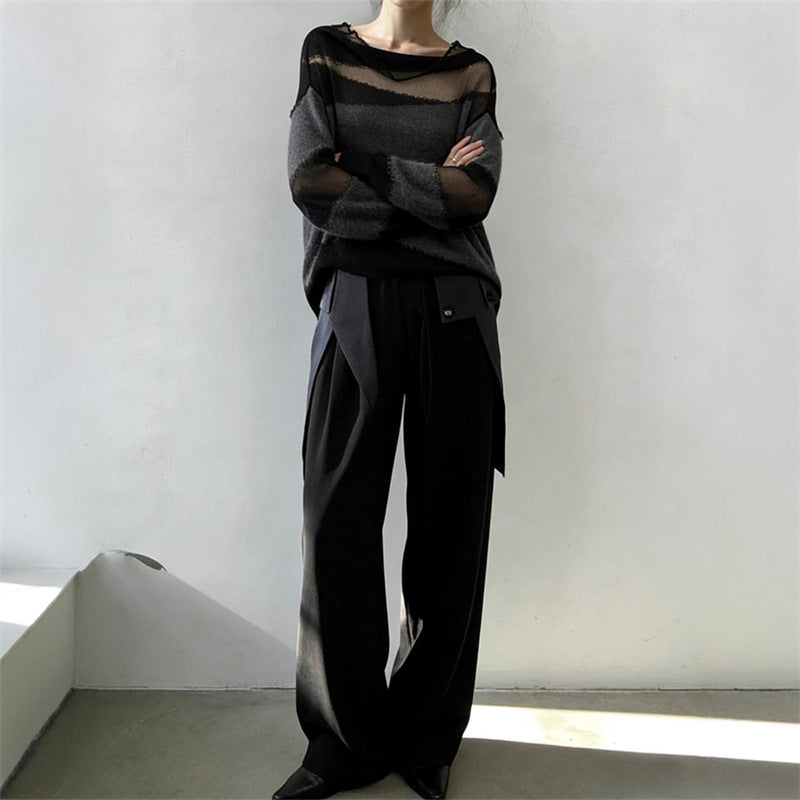 Korean-style Mesh-panel Design Relaxed-fit Blouse Long-sleeve Knit Top