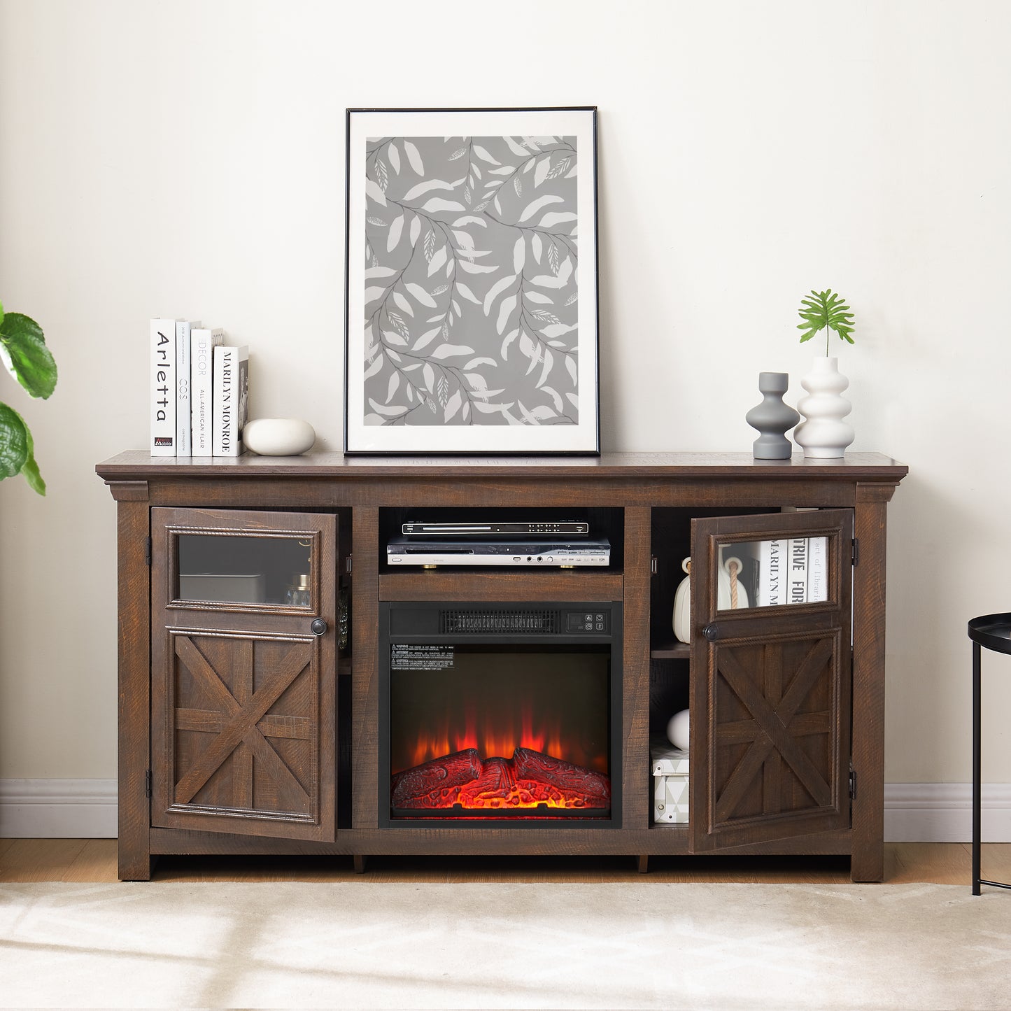 2 Doors Cabinet Farmhouse  Cabinet, Farmhouse TV Stand Barn Design,Farmhouse TV Media Stand, Large Barn Inspired Home Entertainment Console With 18  Fireplace Insert,Espresso,60.23 Wx15.35 Dx31.7 H