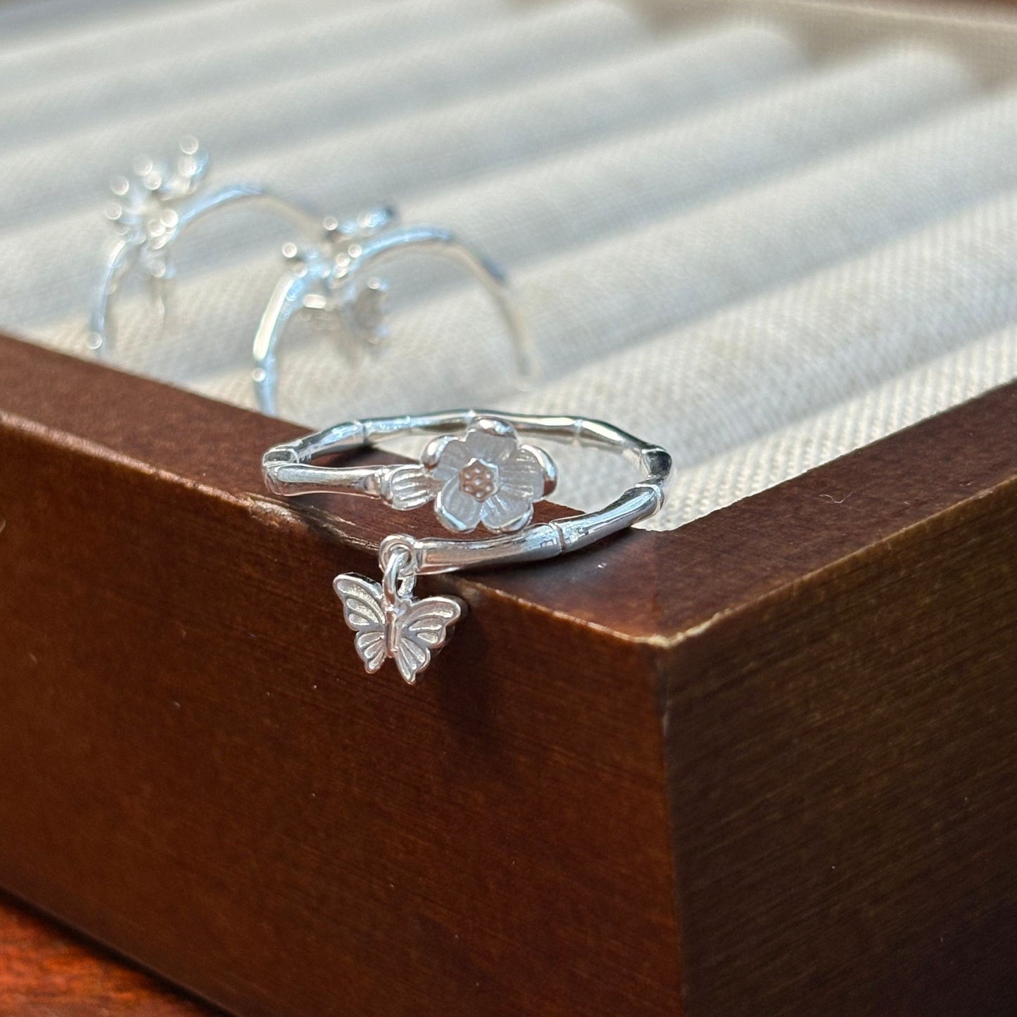 1pc 999 Sterling Silver Bamboo Flower And Butterfly Charm Open Ring, Fresh Style, Perfect For Daily Wear And Valentine's Gift
