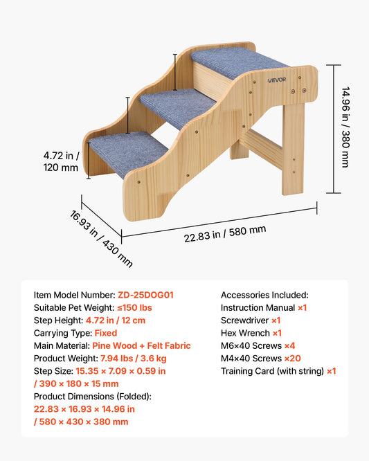 Wood Pet Stairs, 3-Step Dog Stairs For High Beds, Sofa & Cars, 150lbs Load Capacity, Non-Slip Surface, Stable Cat & Dog Step Ladder For Small Medium Large Older Pet Puppy Essentials