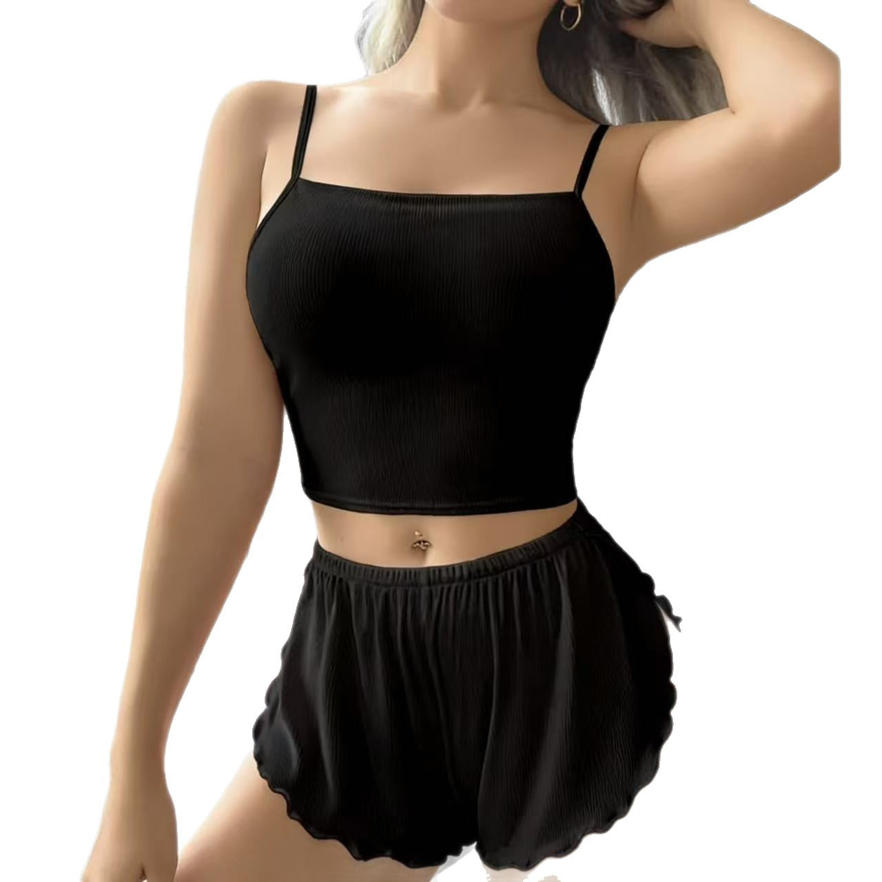 Womens Solid-Color Camisole And Shorts Set For Home Wear