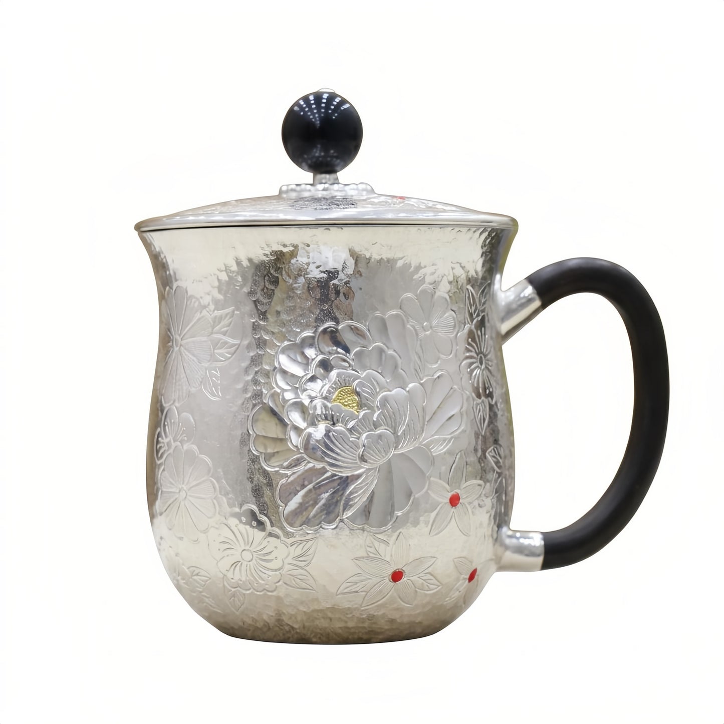 925 Sterling Silver Handcrafted Sterling Silver Peony Tea Mug with Ornate Relief and Sleek Black Handle - Handicraft