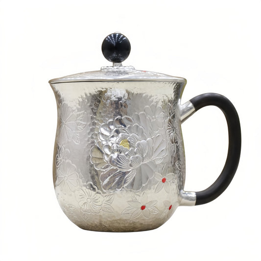 925 Sterling Silver Handcrafted Sterling Silver Peony Tea Mug with Ornate Relief and Sleek Black Handle - Handicraft