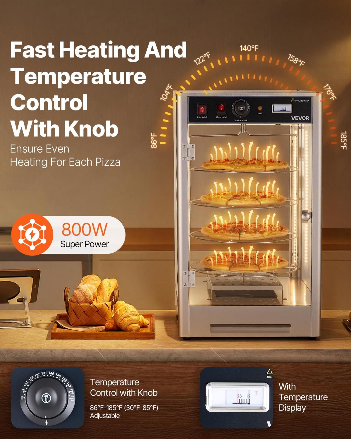 Commercial Food Warmer Display, 4-Tier Pizza Warmer With Rotary Steam Heating For 14 In Pizza, 86 F-185 F Temperature Control And Temp Display, 25W Oven Light  Top LED For Pizza Shop, Restaurant