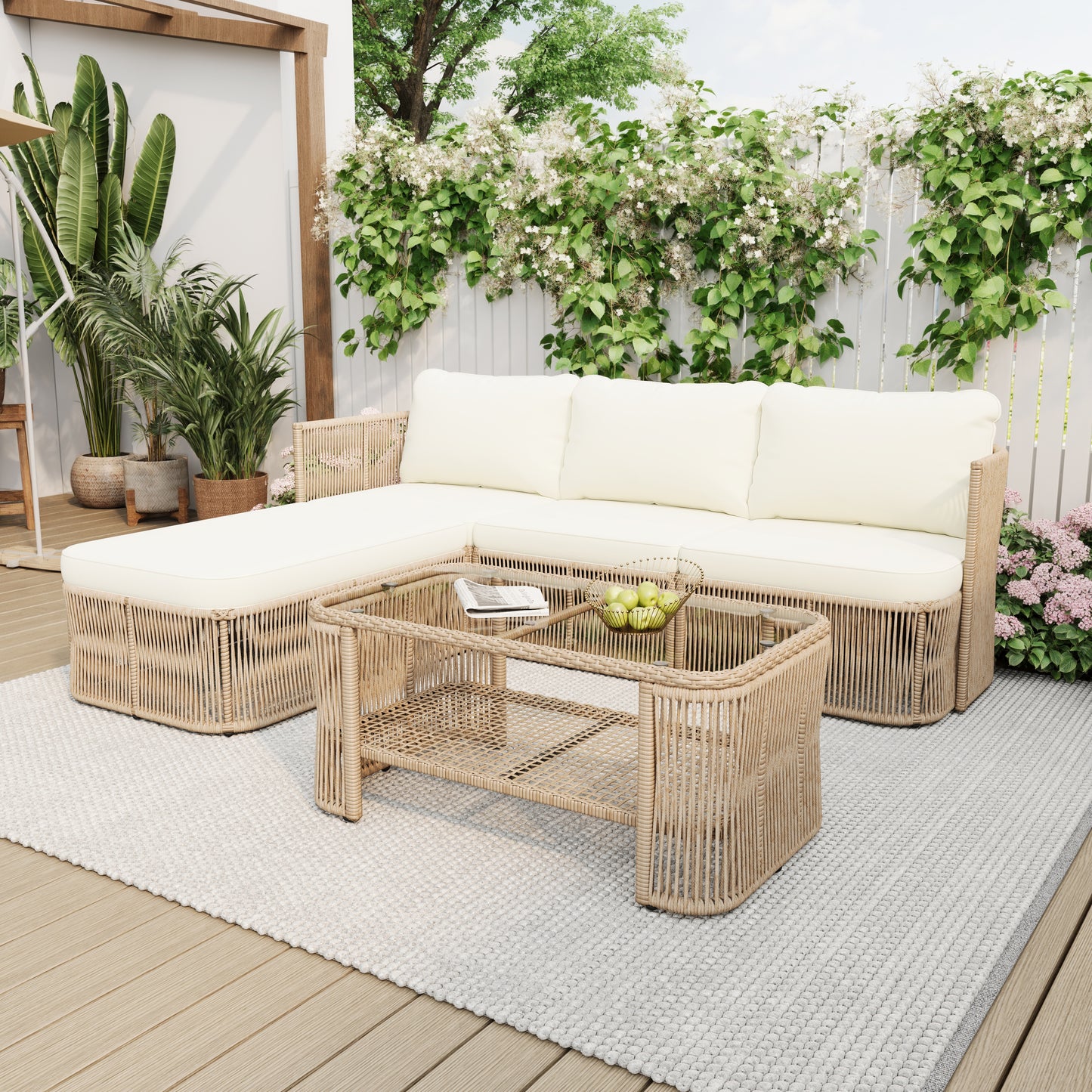 Outdoor PE Rattan Patio Furniture Set With Iron Frame, Dark Beige Wicker Conversation Sofa