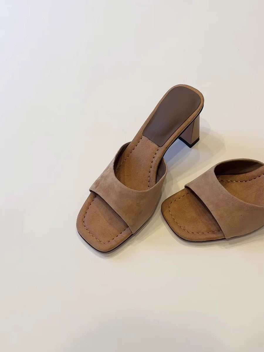 Elevated Version French Open Square Toe High Heel Slides For Women, Simple Slip-On Block Heel All-Match One-Strap Summer Outdoor Sandals