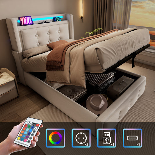 Upholstered Bed 90x200, Single Bed With LED Headboard And USB C Charging Function, Hydraulic Bed With Wooden Slatted Base And Metal Frame, Load Capacity 150 Kg, Beige,cotton Without Mattress