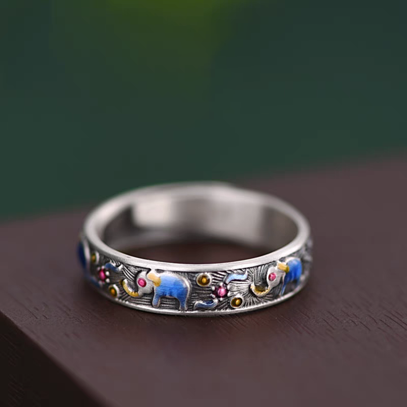 1pc 999 Sterling Silver Enamel Elephant Open Ring, Retro Ethnic Style, Perfect For Daily Wear & Valentine's Day Gift