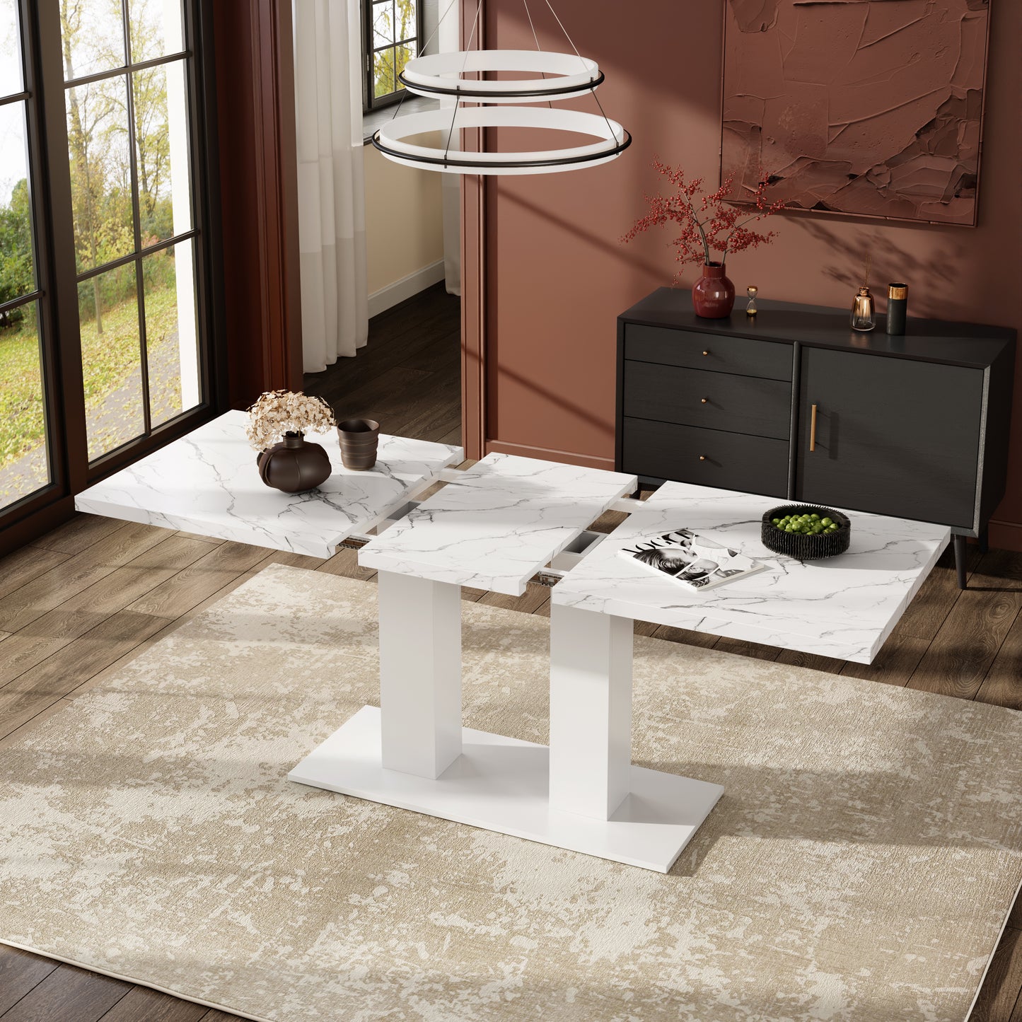 Extendable Dining Table, 140 180x70 Cm, Suitable For 6-8 People, Rectangular Shape, Thickened Table Top, Simple Style, Table For Dining Room, Kitchen, Living Room, White